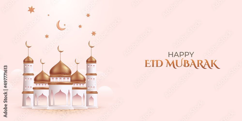 Happy Eid Mubarak horizontal banner with space, realistic 3d mosque, crescent moon and stars