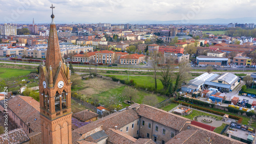 Aerial view of the bell tower of the Madonna Del Murazzo Sanctuary in San Cataldo. The church is located in Modena, Italy.