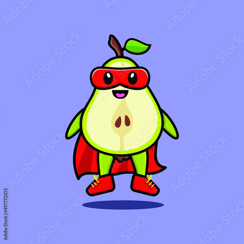 Cute pear fruit superhero character flaying illustration cartoon vector in concept 3d modern style design