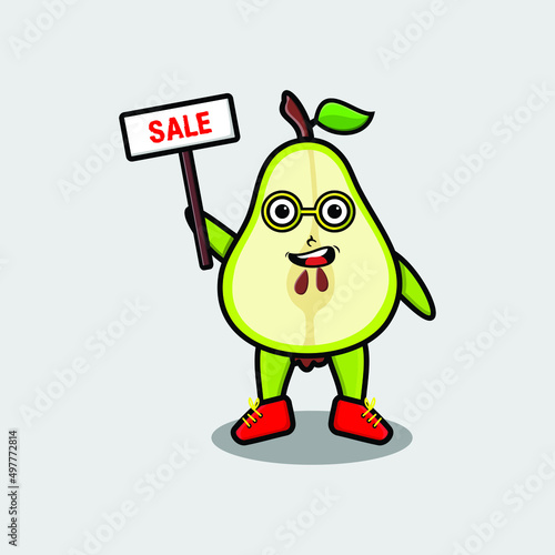 Cute cartoon pear fruit character holding sale sign designs in concept 3d cartoon style