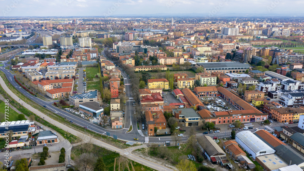 Fototapeta premium Aerial view on a industrial area in the north of Modena, Italy.