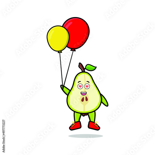 Cute cartoon pear fruit floating with balloon cartoon vector illustration in concept 3d cartoon style