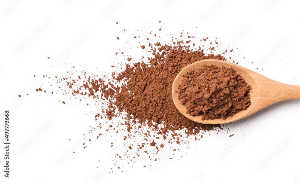 Top view of Cocoa powder in wooden spoon isolated on white background. Top view of Cocoa powder in wooden spoon isolated on white background.