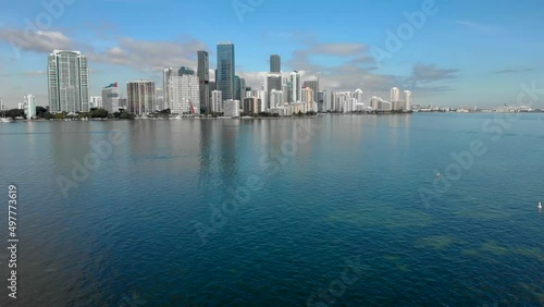 Miami, Florida drone shot from Key Biscayne bridge facing Brickell. 