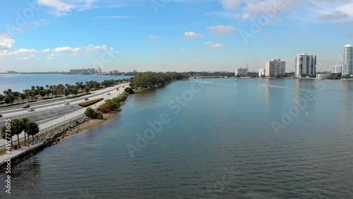 Miami, Florida drone shot from Key Biscayne bridge facing Brickell. 