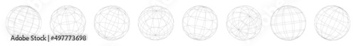 Wireframe, grid, mesh sphere, globe, ball vector illustration set
