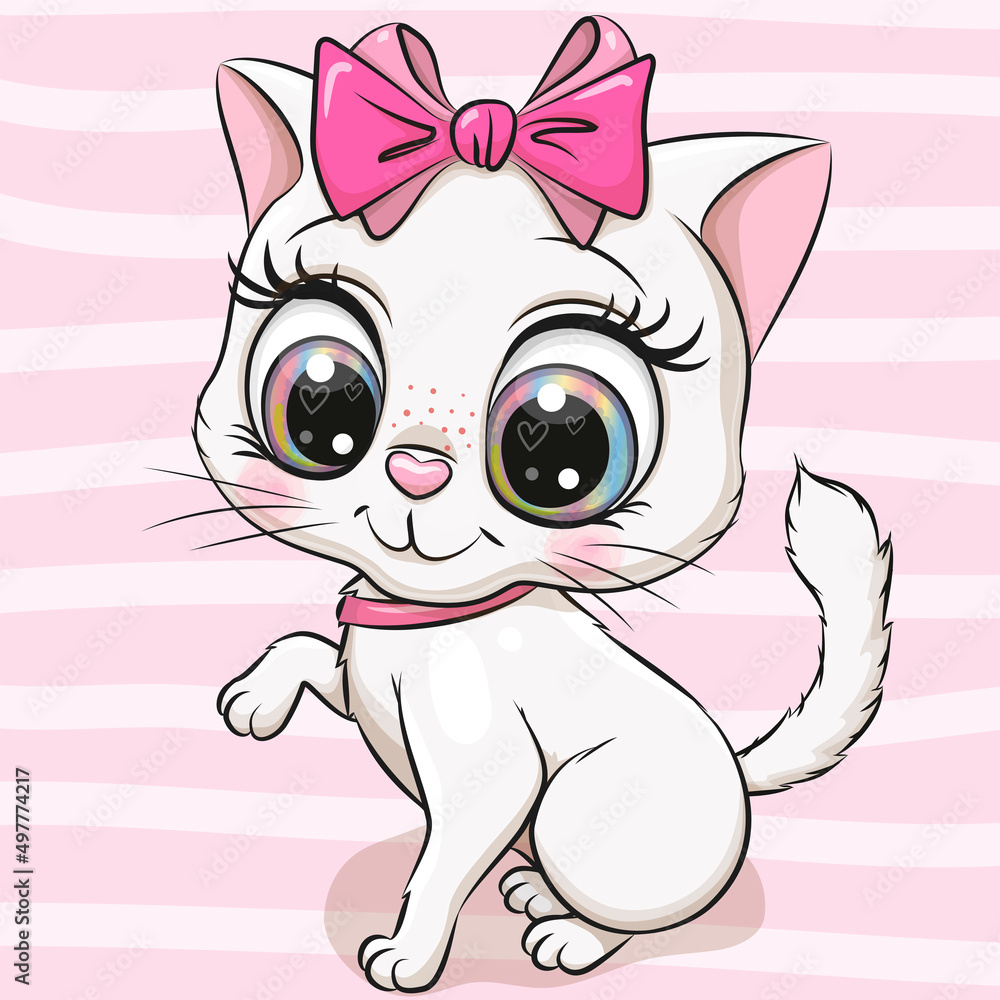 Cartoon white kitten with pink bow on a pink background Stock Vector