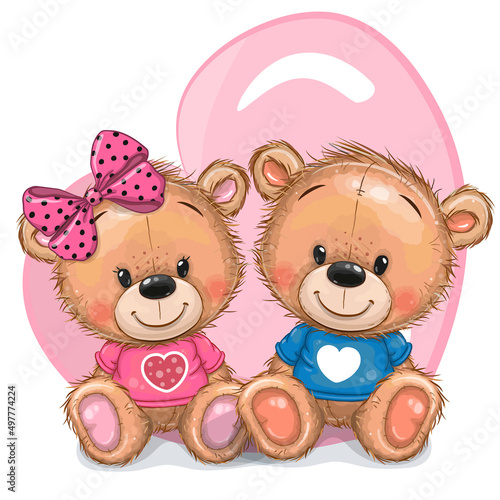 Cute Cartoon Teddy Bears on a heart background