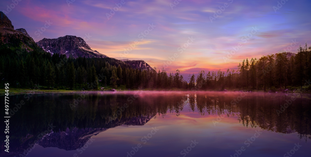 Lake reflection with sunset and mountain,
Lake reflection with sunset and mountain,