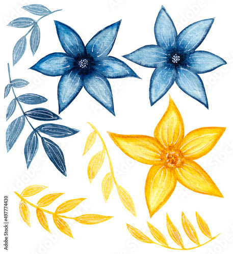 Watercolor collection  blue and yellow flowers  leaves isolated on a white background. Elements for paper  fabric  etc.