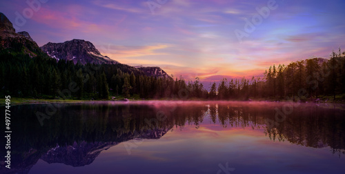 Lake reflection with sunset and mountain, 