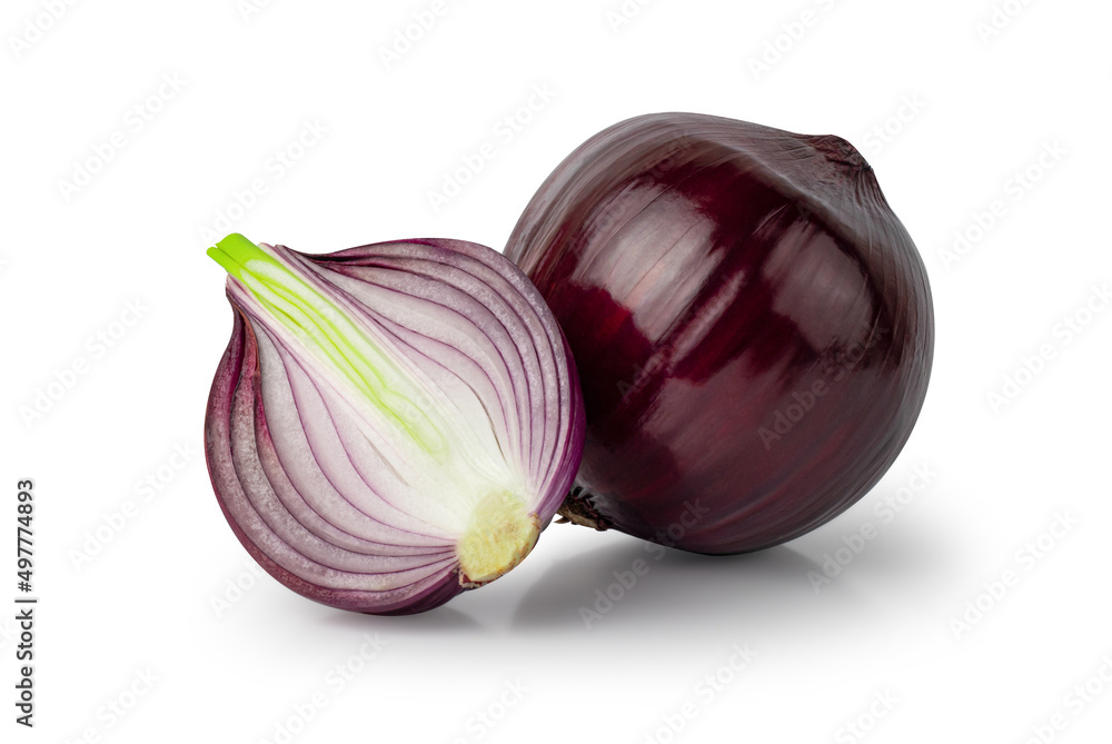 Red whole and sliced onion isolated on white background with Clipping Path.