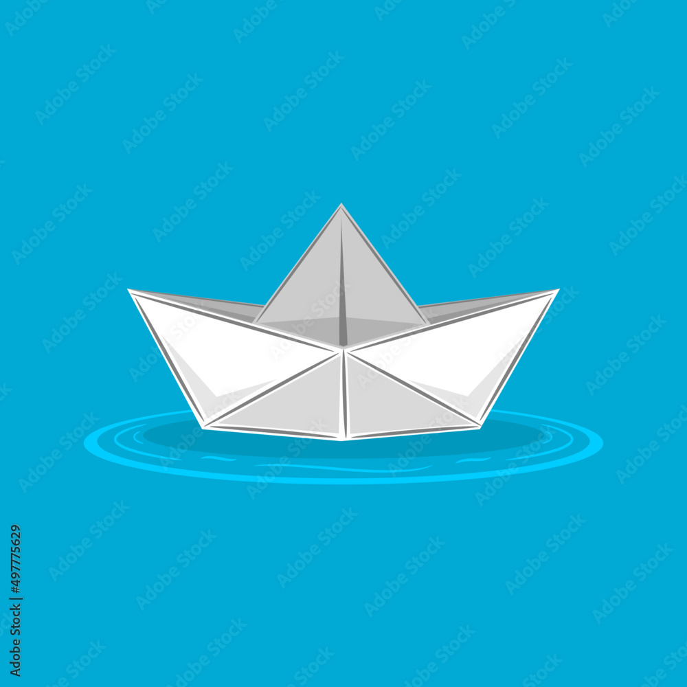 White paper boat floating on blue water icon flat vector design. White paper boat floating on blue water icon flat vector design.