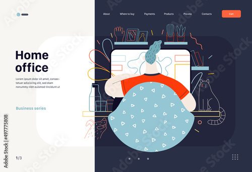 Technology Memphis -Home Office, modern flat vector concept digital illustration home office metaphor, a freelancer guy working at home with pets and plants. Creative landing web page illustration