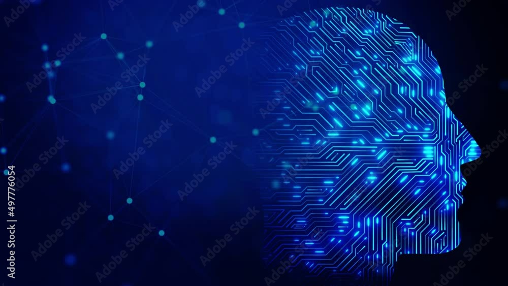 4K Loop Artificial intelligence Human head outline with circuit board ...