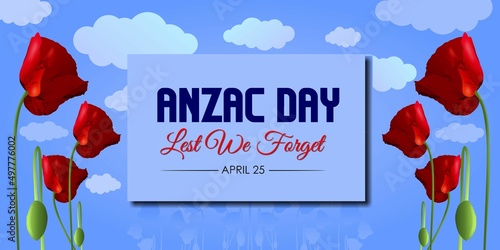 Anzac Day Australian New Zealand Army Corps. Red poppy flowers, clouds and text on light blue background