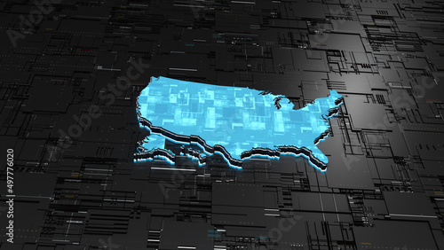 Futuristic  America technologically advances into the future. Futuristic Digital Map of US. 3D rendering
