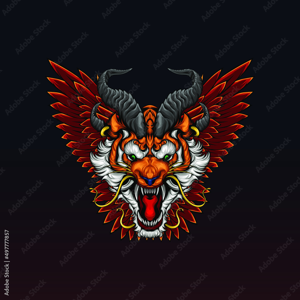 Obraz premium Tiger head with wings behind