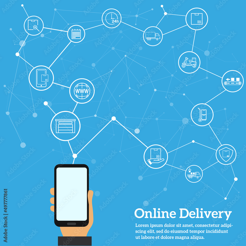 Smart logistics and transportation concept. The man from the smartphone manages all delivery processes, smart delivery. Vector illustration Smart logistics and transportation concept. The man from the smartphone manages all delivery processes, smart delivery. Vector illustration