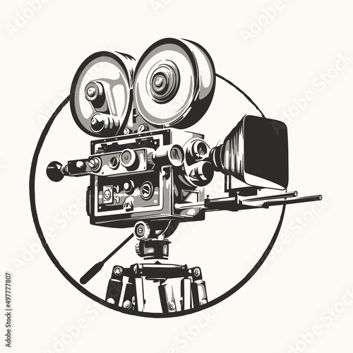 Retro movie camera icon on a tripod. Vector isolated illustration