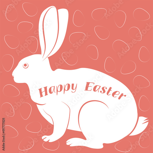  Vector illustration "Happy Easter" with silhouette of a rabbit and eggs on coral background; The Holiday card for spring holidays