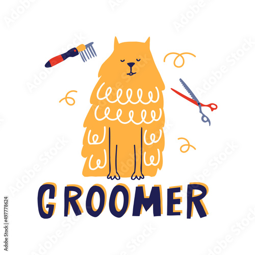 Groomer vector illustration with dog and grooming tools. Pet spa concept.