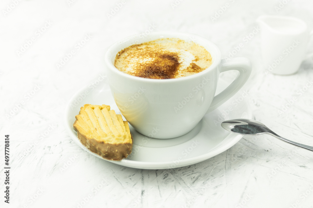 Fresh coffee in white cup, breakfast concept Fresh coffee in white cup, breakfast concept