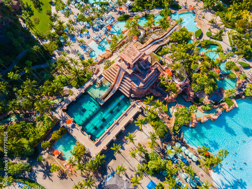 Canvastavla Mayan Temple water slide aerial view including Leap of Faith and Challenger Slide at Adventure Park in Atlantis Hotel on Paradise Island, Bahamas