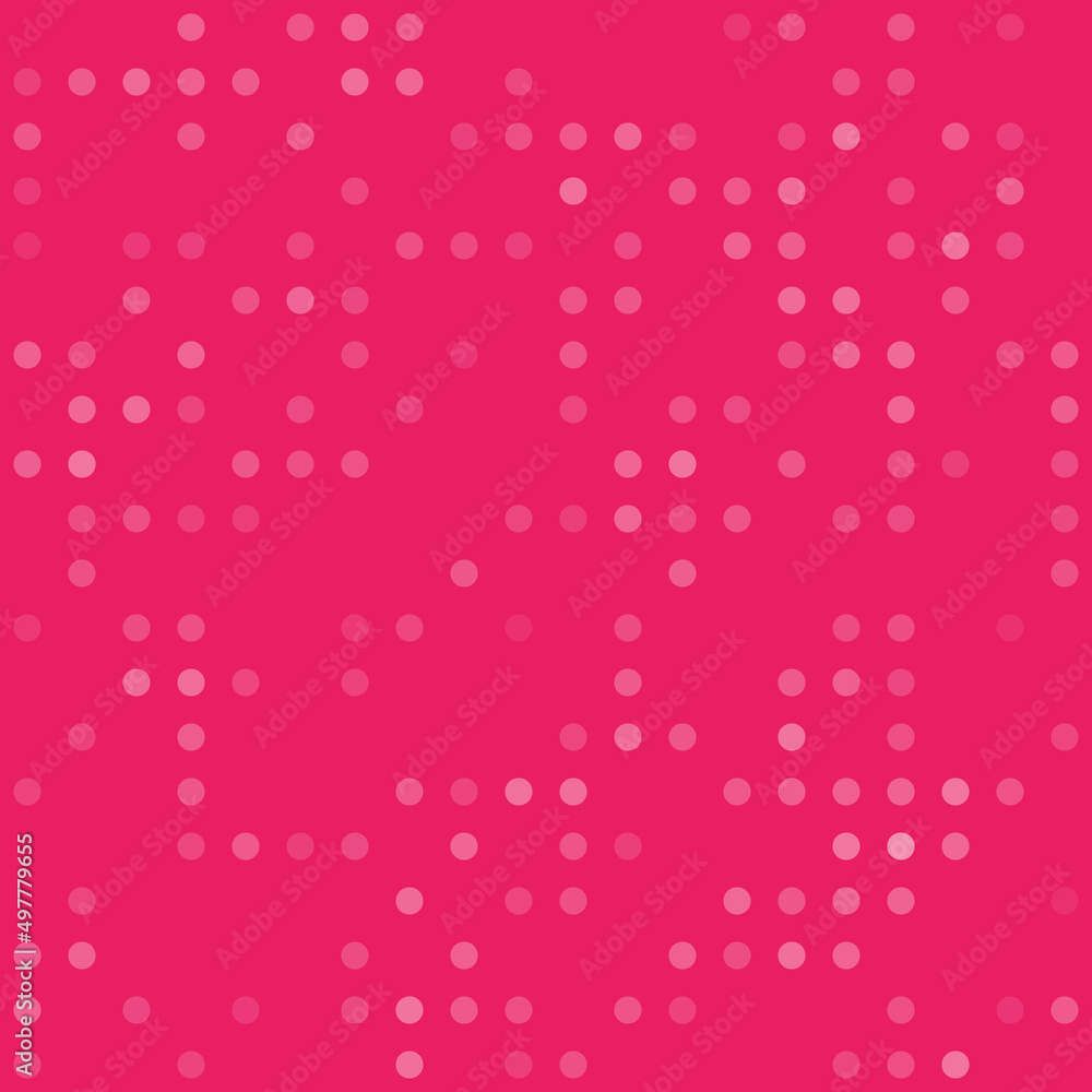 Abstract seamless geometric pattern. Mosaic background of white circles. Evenly spaced  shapes of different color. Vector illustration on pink background