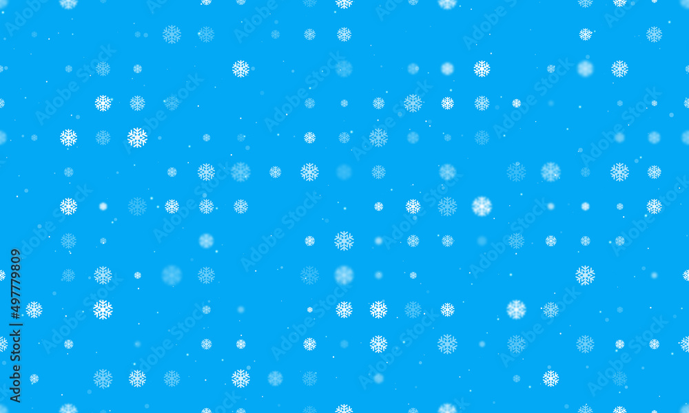 Seamless background pattern of evenly spaced white snowflake symbols of different sizes and opacity. Vector illustration on light blue background with stars