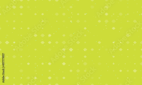 Seamless background pattern of evenly spaced white vision symbols of different sizes and opacity. Vector illustration on lime background with stars