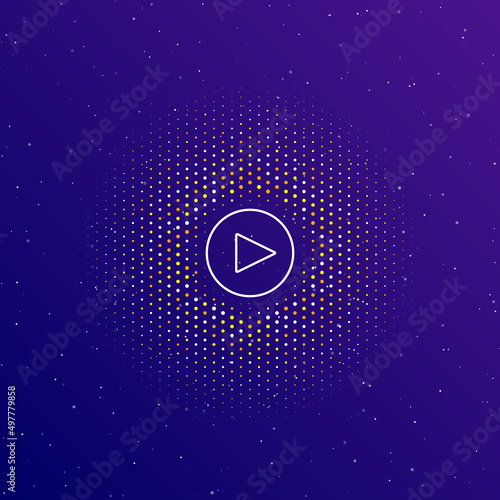 A large white contour play symbol in the center, surrounded by small dots. Dots of different colors in the shape of a ball. Vector illustration on dark blue gradient background with stars