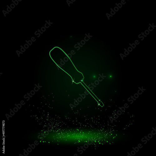 A large green outline screwdriver symbol on the center. Green Neon style. Neon color with shiny stars. Vector illustration on black background