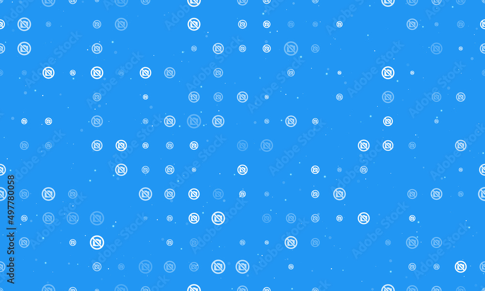 Seamless background pattern of evenly spaced white no photo symbols of different sizes and opacity. Vector illustration on blue background with stars
