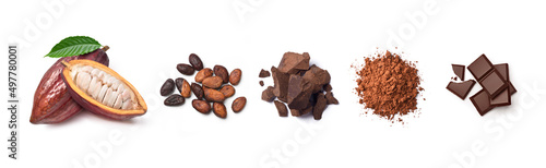 Chocolate ingredients, cocoa pods, cocoa beans, chocolate mass, cocoa powder, chocolate bars. Flat lay isolated on white background.