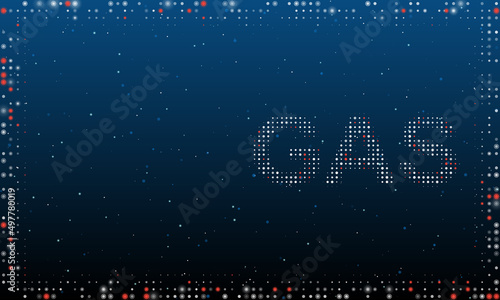 On the right is the gas text symbol filled with white dots. Pointillism style. Abstract futuristic frame of dots and circles. Some dots is red. Vector illustration on blue background with stars