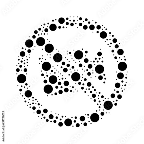 A large no video symbol in the center made in pointillism style. The center symbol is filled with black circles of various sizes. Vector illustration on white background