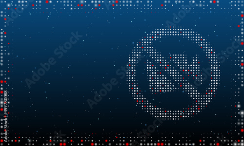 On the right is the no video symbol filled with white dots. Pointillism style. Abstract futuristic frame of dots and circles. Some dots is red. Vector illustration on blue background with stars