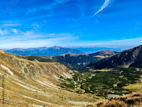 Panoramic view from Seckauer Zinken in the Lower Tauern mountain range, Styria, Austria, Europe. Eisenerz Alps in the distance. Sunny autumn day in the Seckau Alps. bare and rocky terrain. Wanderlust © Chris