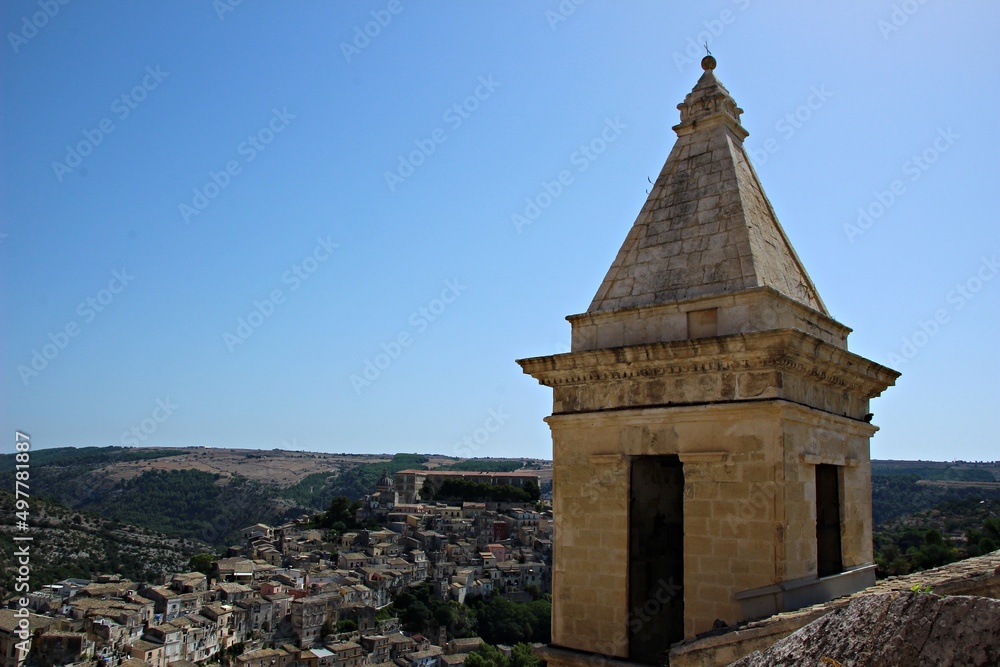 Italy, Sicily: Detail of a bell tower overlooking Ragusa.
