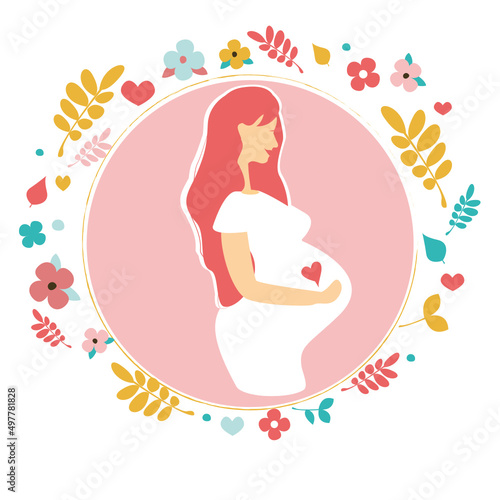 Happy pregnant woman holding her belly. Health, care, pregnancy planning. prenatal development. Flat cartoon isolated.