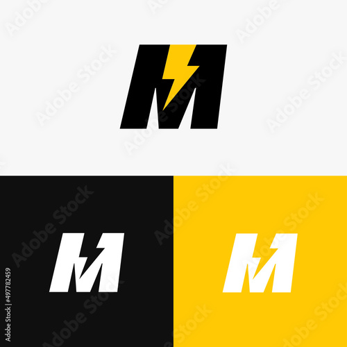 Set of abstract M letter and lightning, thunderbolt, energy logo template with multiple background, vector illustration