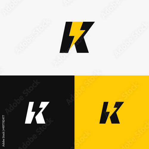 Set of abstract K letter and lightning, thunderbolt, energy logo template with multiple background, vector illustration