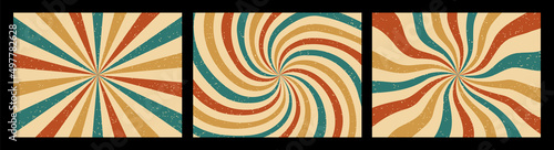 Groovy radial rays background. Retro 70s Hypnosis optical illusion, spinning stripes and spiral burst vector background set