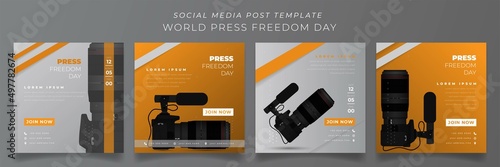 Set of social media template in yellow and gray square background for world press freedom day design