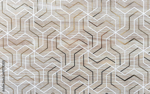 Ceramic tiles with wooden texture and white abstract lines.