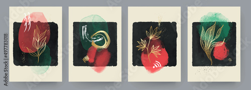 Set of Abstract Hand Painted Illustrations for Wall Decoration, Postcard, Social Media Banner, Brochure Cover Design Background. Modern Watercolor Abstract Painting Artwork. Vector Pattern