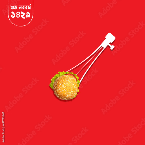 Bengali new year burger concept. burger with music instrument isolated on red background. Happy new year 1429