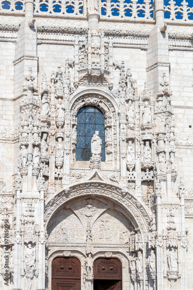 Detail closeup of the facade of the Manueline ornamentation in the cloisters of Jerónimos Monaster in Belem, Lisbon, Portugal