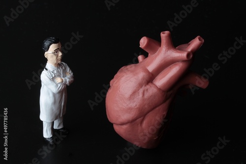 miniature figurine of a cardiologist doctor with a giant heart on a black background photo